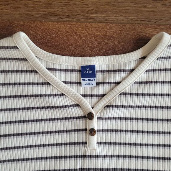 Old Navy Rib Henley Tee Girls Size XL 14-16 Cream Stripe Lettuce Edge Stretch - Picture 6 of 13
